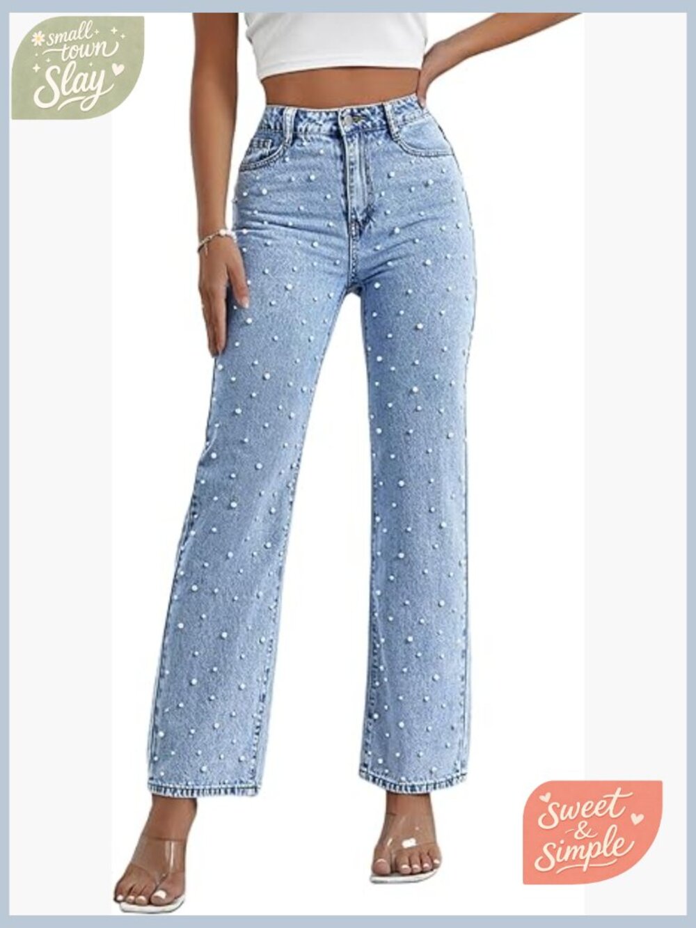 High Waisted Straight Leg Pearl Beaded Denim Jeans Y2K Trendy
